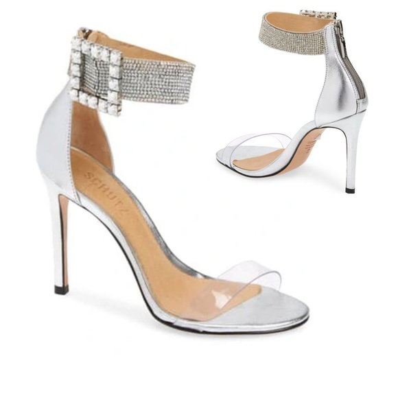SCHUTZ Shoes - SCHUTZ Tanisha Silver Metallic Heels Stiletto Open Toe Crystal Covered Strap 7.5